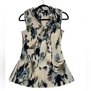 DKNY Pleated Sleeveless Floral Tie-Neck Blouse –‎ Size M